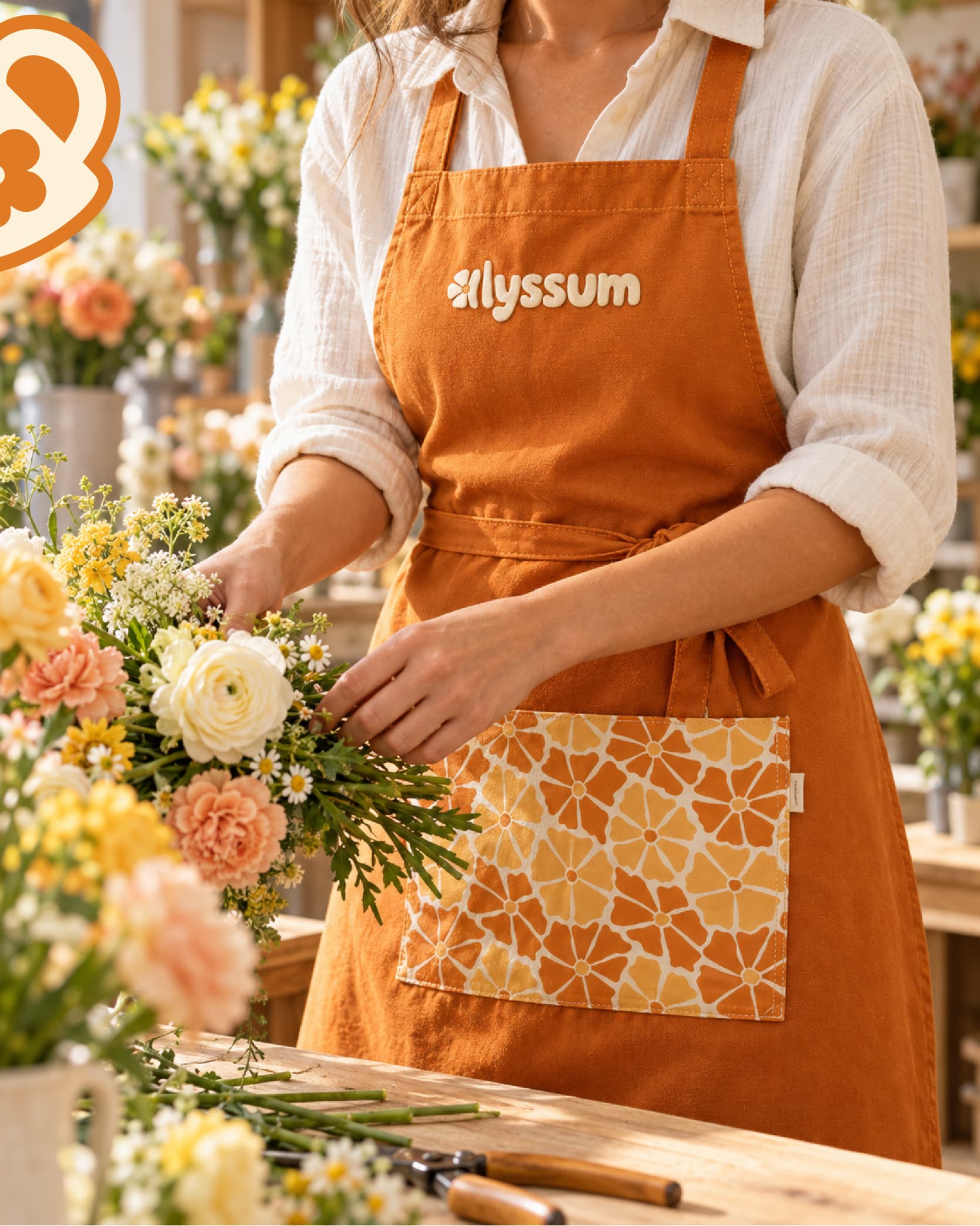 Fleuriste avec tablier au couleur de la marque