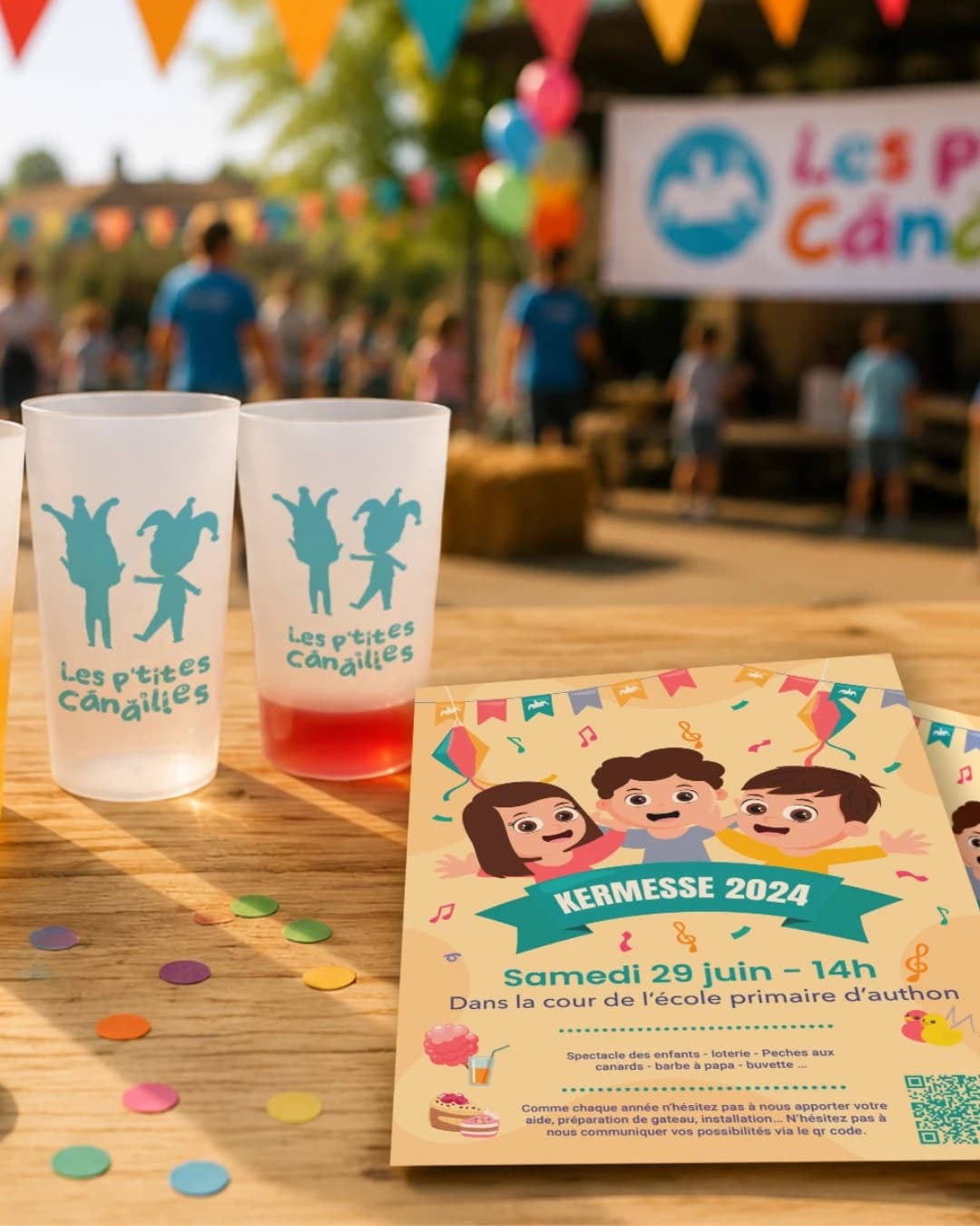 Gobelets réutilisables et affiche de la kermesse